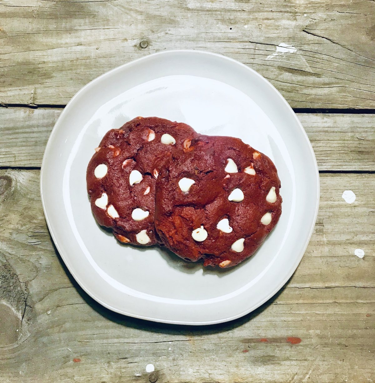 photo of red velvet cookie with white chocolate chips